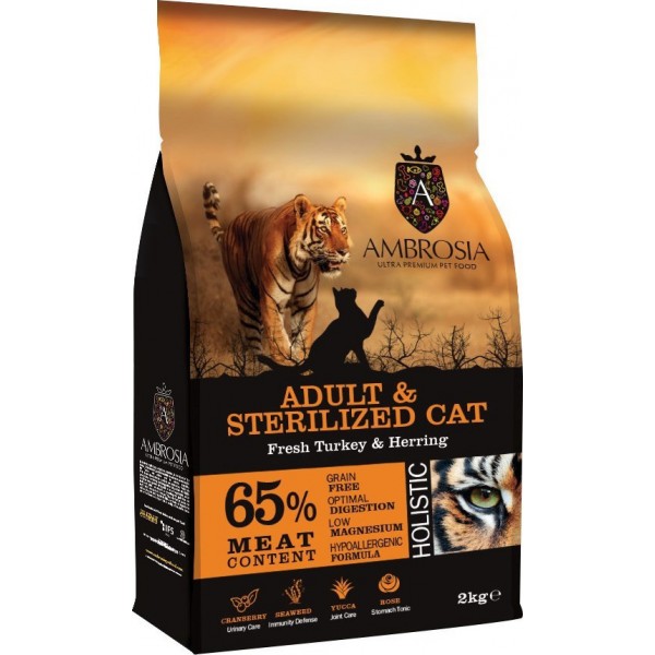 AMBROSIA GRAIN FREE CAT ADULT & STERILIZED 2KG ξηρά τροφή γάτας Pet Shop Καλαματα