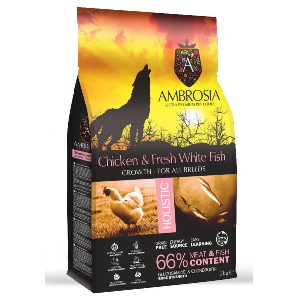 AMBROSIA GRAIN-FREE DOG GROWTH CHICKEN & FISH LARGE BREED 12Kg ξηρα τροφη σκυλου Pet Shop Καλαματα